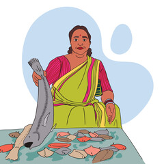 Indian women selling fish in fish market, women empowerment