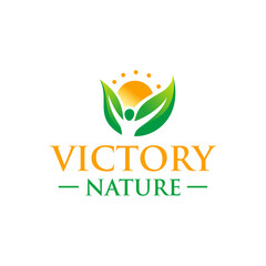 V initial logo with human, sun, and organic leaf element Victory Nature