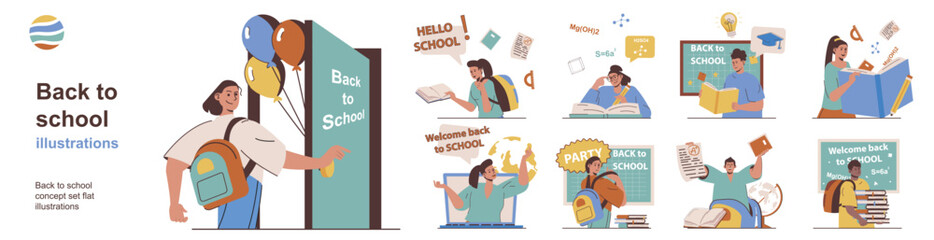 Back to school concept with character situations collection. Bundle of scenes people go to class, pupils reading books, learning at lessons, students studying. Vector illustrations in flat web design