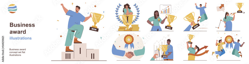Poster business award concept with character situations collection. bundle of scenes people celebrate achie