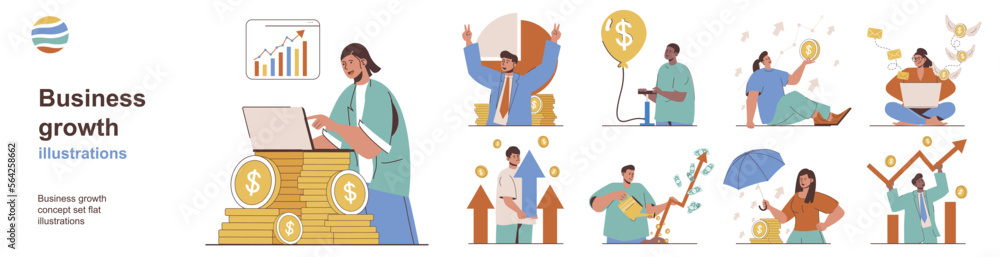 Aufkleber business growth concept with character situations collection. bundle of scenes people analyze financ