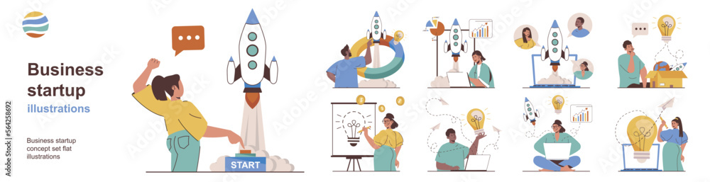 Poster business startup concept with character situations collection. bundle of scenes people analyze compa