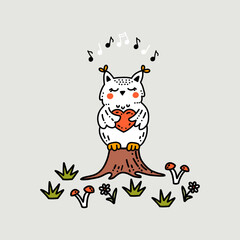 Сute little owl sits on a forest stump, sings a melody