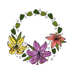 Summer vector circle wreath with beautiful colorful lilies