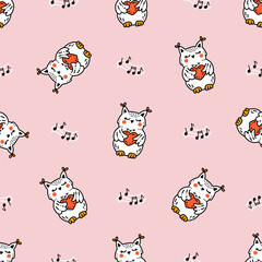 Cute baby owls with red hearts singing of love. Vector pattern