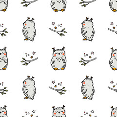Kawaii baby owls hand drawn in doodle style in seamless vector pattern for kids textile, wallpaper, wrapping paper. Cute childish print with forest birds, leaves on white background