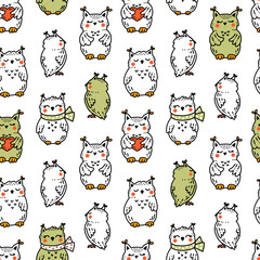 Cute sleeping baby owlets hand drawn in doodle style. Seamless vector pattern