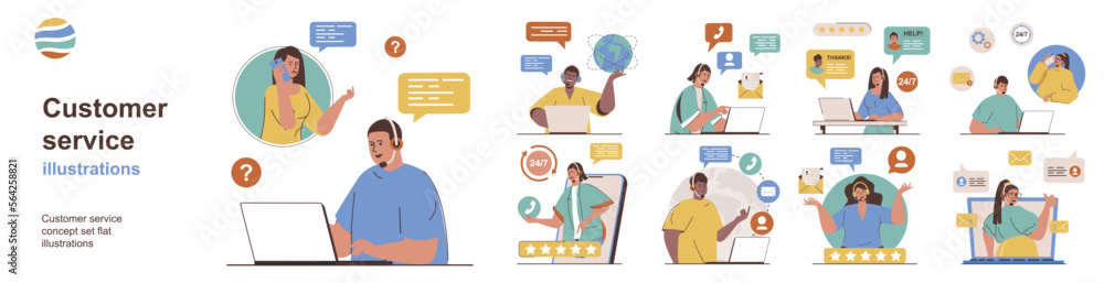 Poster Customer service concept with character situations collection. Bundle of scenes people answer calls and messages, find solutions to problems, consult online. Vector illustrations in flat web design