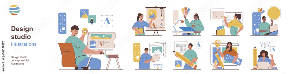 Aufkleber Design studio concept with character situations collection. Bundle of scenes people designers create digital content and elements for sites, creative projects. Vector illustrations in flat web design