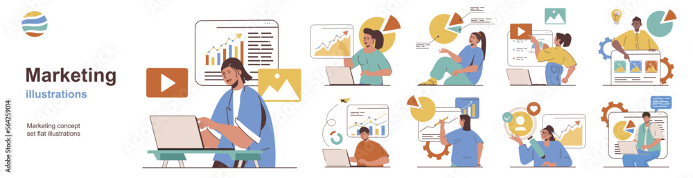 Aufkleber marketing concept with character situations collection. bundle of scenes people analyzing data of bu