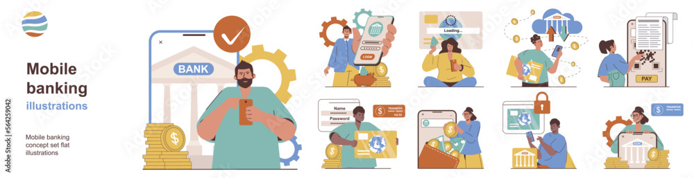 Poster Mobile banking concept with character situations collection. Bundle of scenes people using bank application for money control, making transactions and payment. Vector illustrations in flat web design