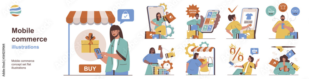 Poster mobile commerce concept with character situations collection. bundle of scenes people shopping onlin