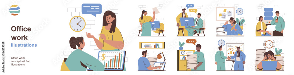 Aufkleber office work concept with character situations collection. bundle of scenes people collaborating and 