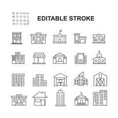 Simple Set Of Building Related Vector Outline Icons. Contains Icons such as Places of worship, Schools, Medical Hospitals, and more.