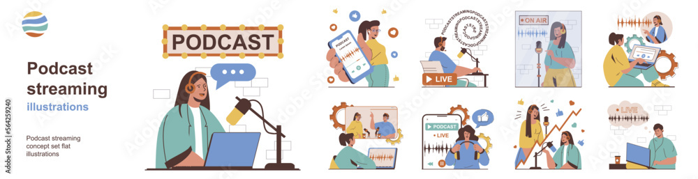 Fototapete podcast streaming concept with character situations collection. bundle of scenes people recording ed