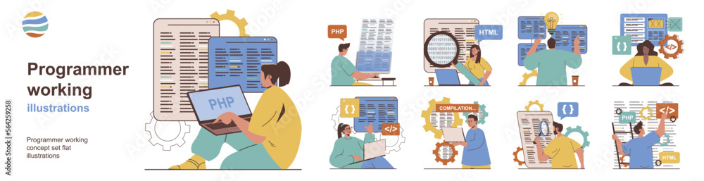 Fototapete Programmer working concept with character situations collection. Bundle of scenes people work with code, create programs and software, work in IT company. Vector illustrations in flat web design