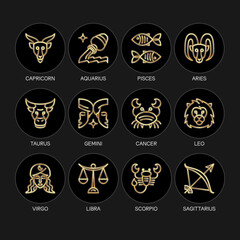 Zodiac horoscope astrological thin line label linear design esoteric stylized elements symbols signs. Vector illustration icons