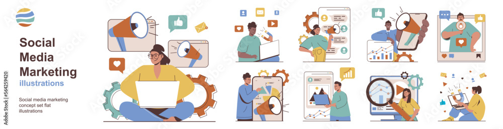 Poster social media marketing concept with character situations collection. bundle of scenes people analyze