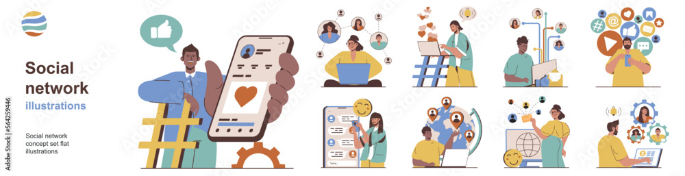 Aufkleber Social network concept with character situations collection. Bundle of scenes people use mobile applications for communicate online in chats and messengers. Vector illustrations in flat web design