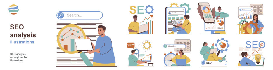 Seo analysis concept with character situations collection. Bundle of scenes people study and optimize search query metrics, keywords and website traffic. Vector illustrations in flat web design