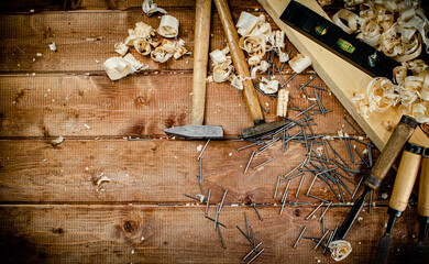 Working tool. Chisel, hammer and nails. 
