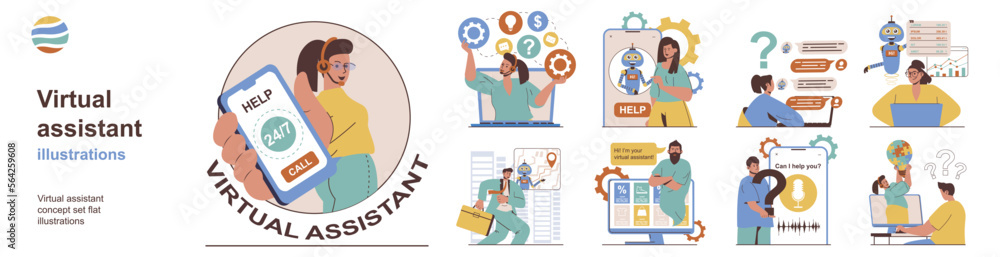 Aufkleber Virtual assistant concept with character situations collection. Bundle of scenes people receive advice and solutions to problems in chats with consultants. Vector illustrations in flat web design