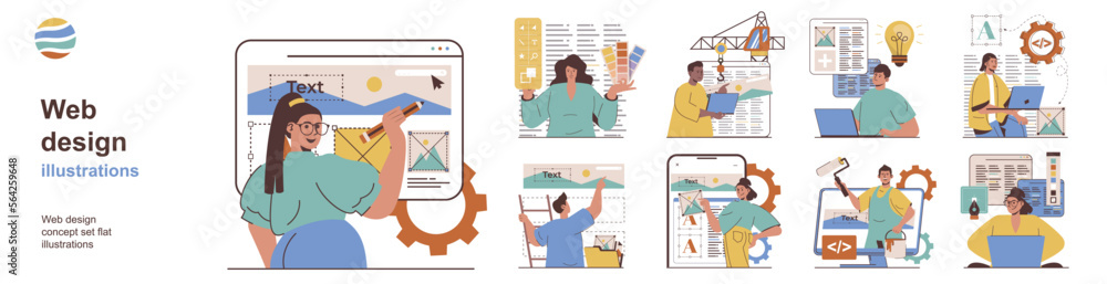 Fototapete Web design concept with character situations collection. Bundle of scenes people develop responsive website layout, place graphic elements for user interface. Vector illustrations in flat web design