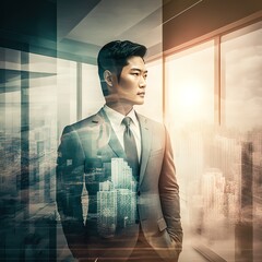 Double exposure image of Asian businessman and office building made with Generative AI.	