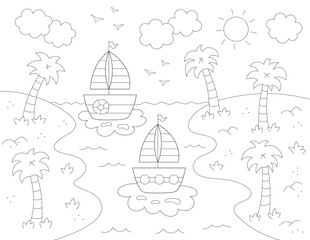 Fototapeta na wymiar sailboats, palm trees and clouds coloring page for kids. you can print it on 8.5x11 inch paper 
