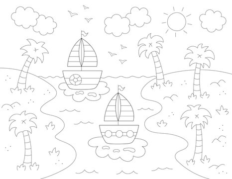 sailboats, palm trees and clouds coloring page for kids. you can print it on 8.5x11 inch paper	