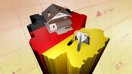 House on the map of Germany in colors of Germany flag. Search a house for buying or rent, concept. Real estate development in Germany.