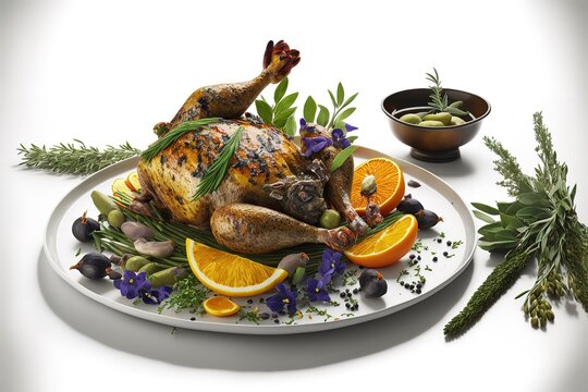 Dinner with oven baked spring chicken (coquelet jaune) in French herbs and citruses, baked vegetables and lentils on white background