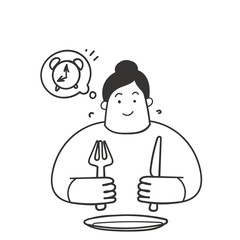 hand drawn doodle people holding cutlery and thinking clock time illustration