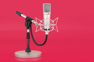 Diaphragm condenser studio microphone with shock-mount on the tabletop suspension in trending viva magenta colors, 3D rendering