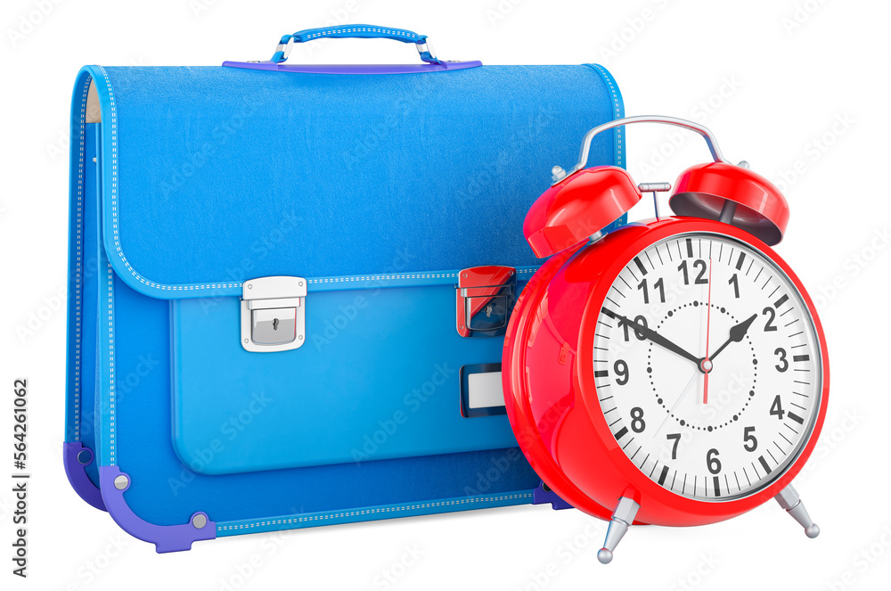 Poster schoolbag with alarm clock. wake up and back to school concept. 3d rendering