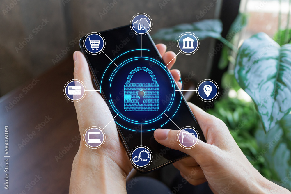 Poster cyber security internet and networking concept.person hand protecting personal data with vr screen p