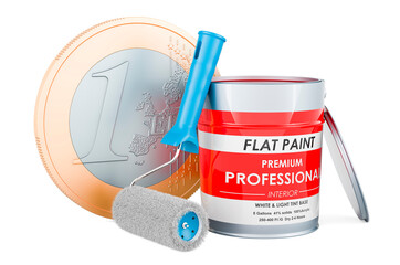 Paint can and roller brush with euro coin. 3D rendering