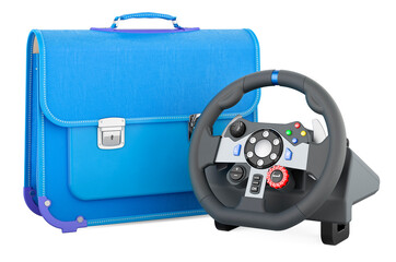 Schoolbag with gaming steering wheel, 3D rendering