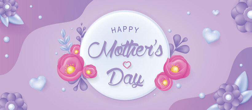 Happy mother day banner in 3d realistic modern design. Pink and purple elegant flowers with hearts and plants, springtime holiday elements at horizontal template poster. Vector illustration for web