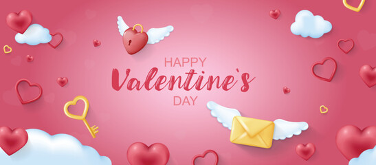 Happy Valentine day banner in 3d realistic modern design. Romantic letter with wings, padlock and key, different hearts, holiday elements at horizontal template poster. Vector illustration for web