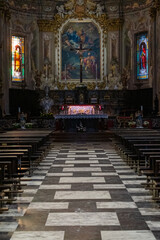 Fototapeta na wymiar Interior of church with altar at the end of the nave