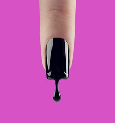 Nail art. Black gel polish drop, dripping from beautiful long nail over purple background. One Woman finger with dark manicure and drop of nail polish. Fashion art design