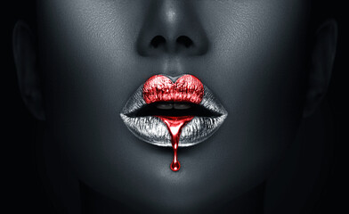 Red heart Paint dripping, lipgloss drops on sexy lips, bright liquid paint on beautiful model girl's mouth, Valentine's Day art design. Lipstick. Make-up. Beauty face, close up. On dark background - obrazy, fototapety, plakaty