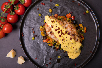 delicious chicken fillet sauce, tomato, cheese in a black plate on a dark background