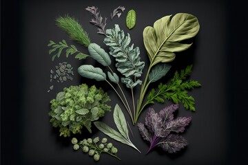 top view of different leafy vegetables and herbs on grey dark table