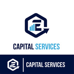 Initial E Letter with Bar Chart and Up Growing Arrow for Finance, Capital Business Services Logo Idea Template