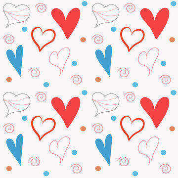 Seamless pattern in the form of various colored hearts and confetti for Valentine's Day.