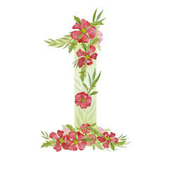 Number 1 one red watercolor wild flowers design
