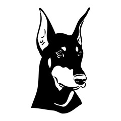 Doberman, dog, black and white vector illustration. Portrait. The head of a domestic animal. Tattoo. Clipart, laser cutting. Stock image isolated on white background.