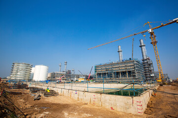 New construction Gas turbine electrical power plant crane during the current distribution